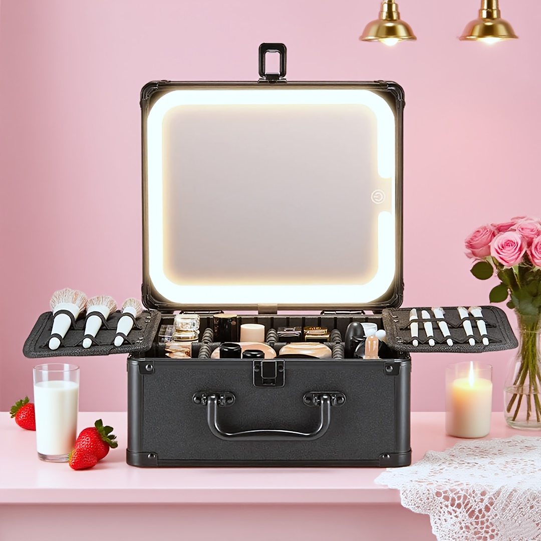 TEMU Lighted Makeup Travel Bag For Christmas Gift, Portable Makeup Organizer With Magnetic Detachable Led Mirror, Makeup Bag With Brushes Holders,