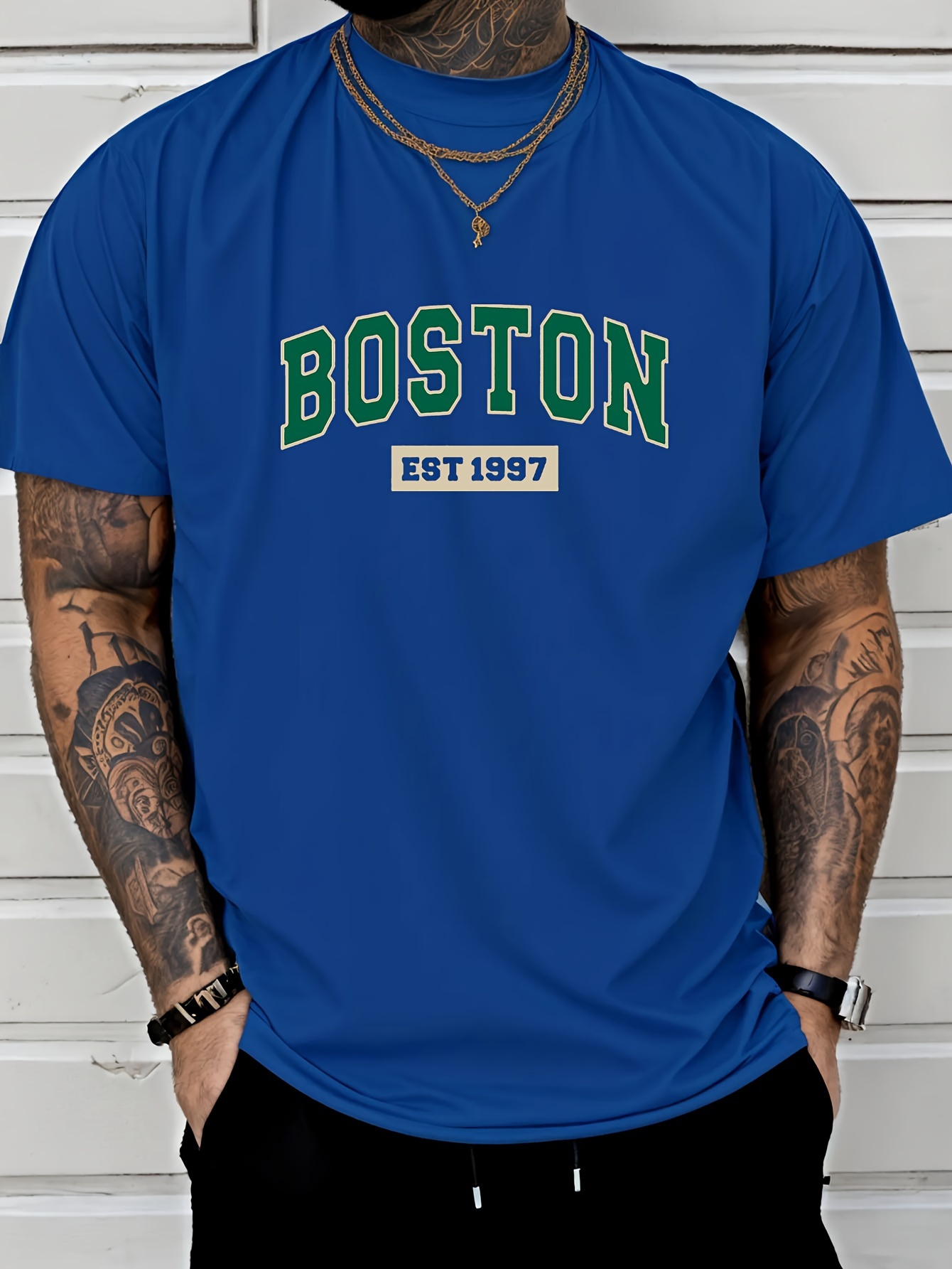 Men'S Boston Est. 1997 Graphic Print T-Shirt, Casual Crew Neck Short Sleeve Tee with Slight Stretch, Regular Fit, Letter Pattern Design, Perfect for Sports or Leisure Activities, Leisure Clothing | Trendy Crew Neck | Versatile Style