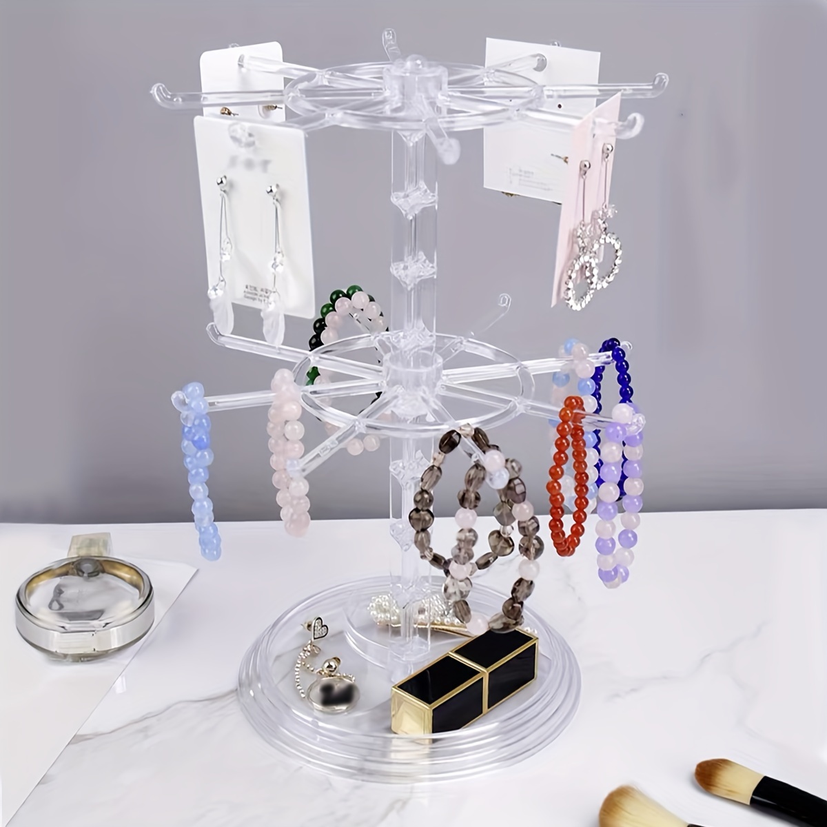 TEMU 1pc Rotatable 2-tier Display Stand For Jewelry - Black/clear, Detachable & Organizer For Keychains, Bracelets, Necklaces, Rings, - For Counters, , Bathrooms