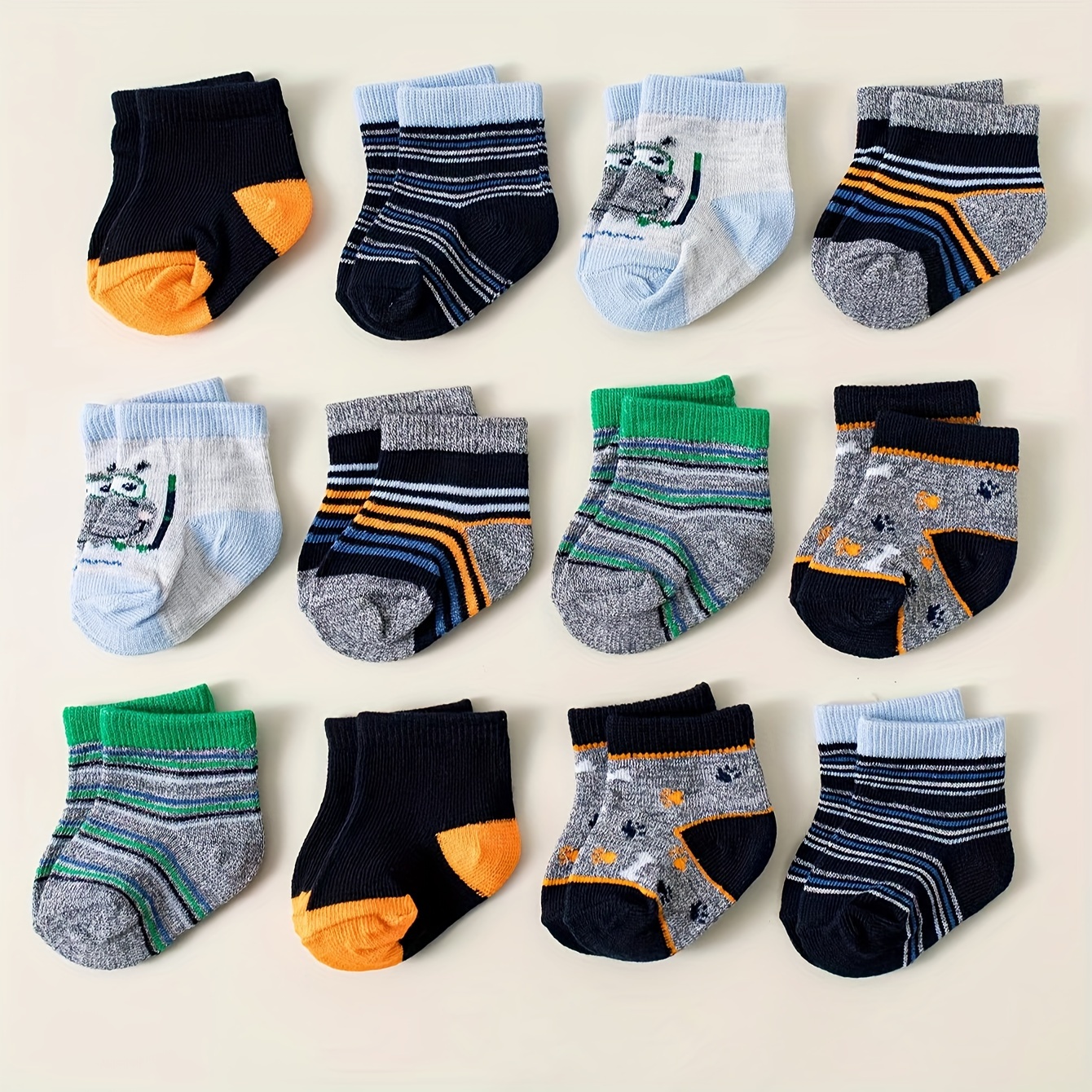 12-pair Comfortable And Cute Striped Puppy Print Children's Socks, Soft, Warm, Stylish, And Versatile, Suitable For
