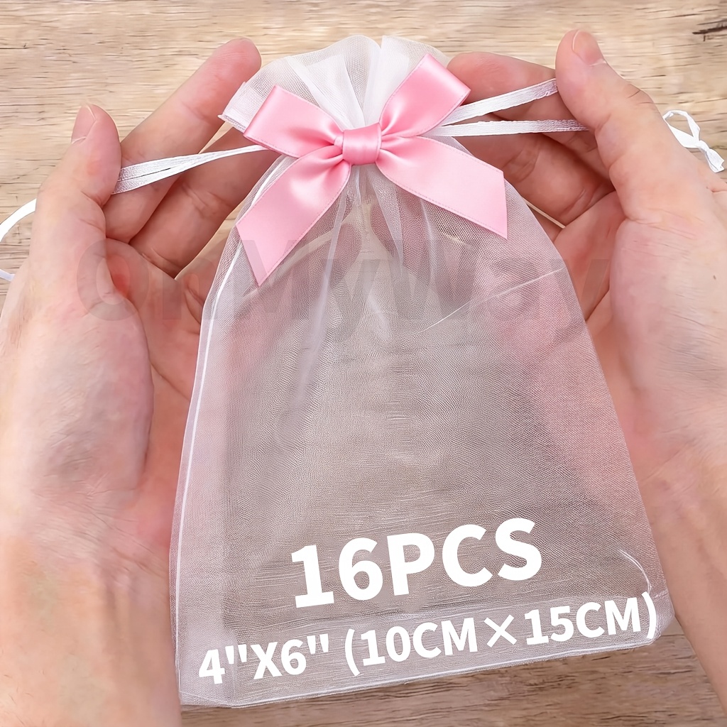 TEMU Regalo Para Ella/Él 16 piezas 4X6 Pulgadas Transpirable Liso Organza Bolsas con Cordón y Rosa, Bolsas de Regalo Transparentes de Malla Multiusos