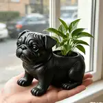 3D 打印巴哥犬多肉花盆,黑色可爱动物造型花器,室内绿植专用小型装饰花盆,适用于书桌、阳台、花园,是爱宠与植物爱好者的理想礼物