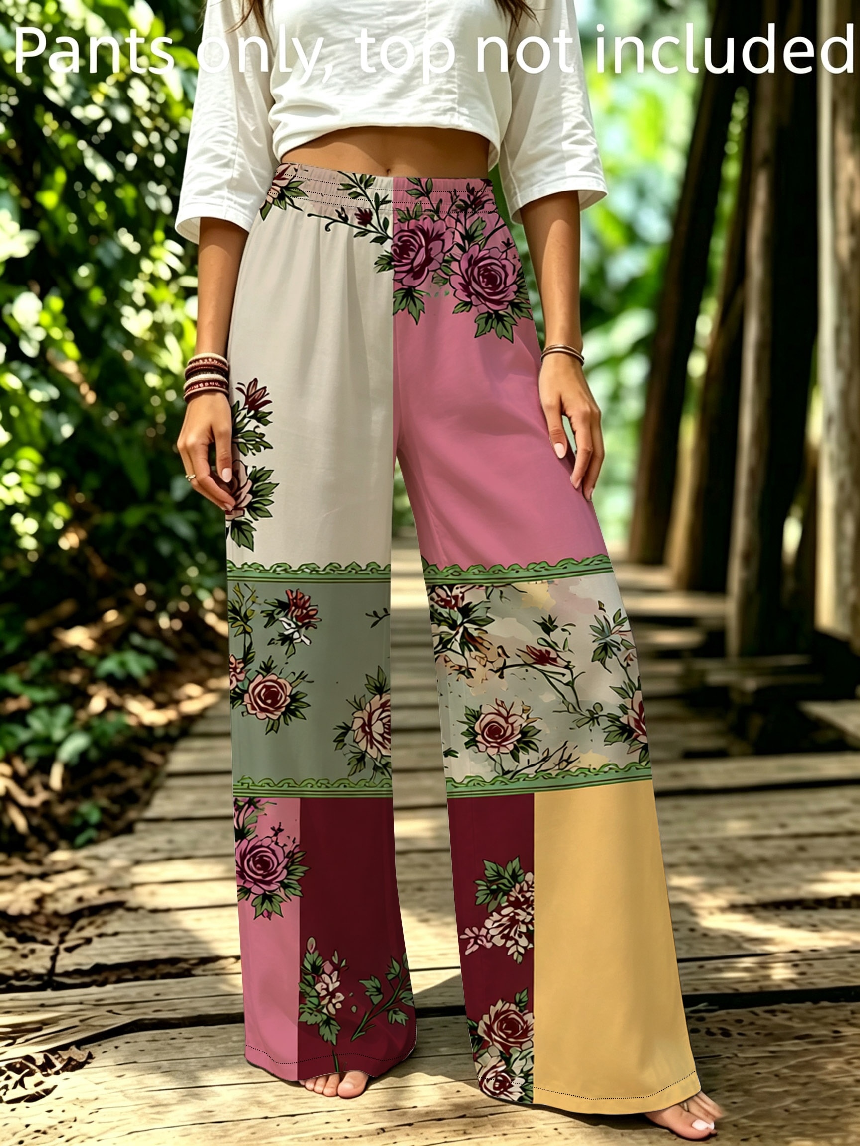 bohemian wide leg pants with   floral   lace trim full body print wide leg trousers suitable for photoshoots outfits casual wear machine washable non stretch pants