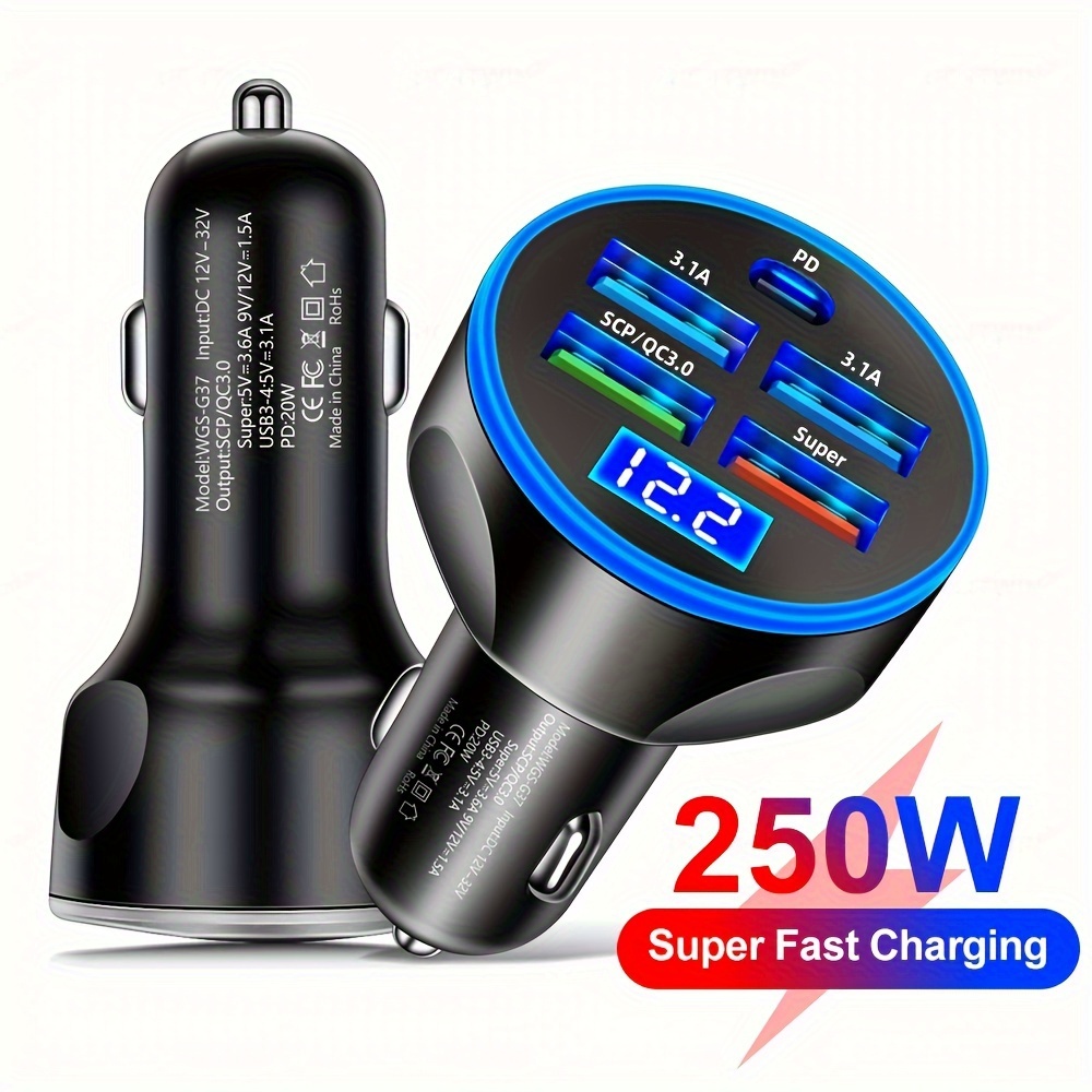 

250w Usb Led 5 Ports Fast Charging Pd20w Qc 3.0 Usb C Car Phone Charger Type C Adapter In Car For /samsung