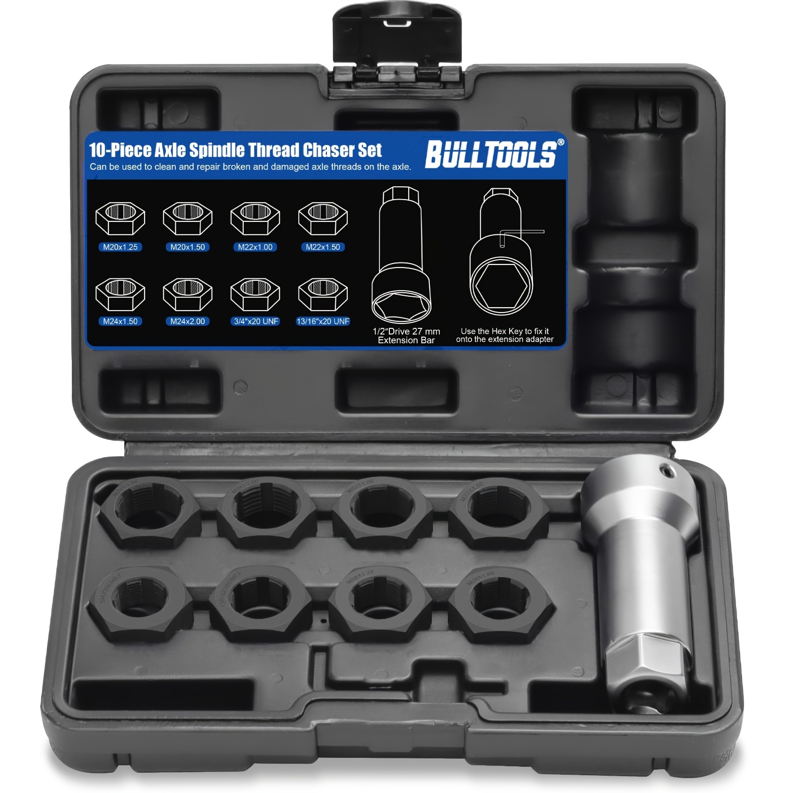 TEMU Axle Spindle Threading Set, 10pcs Axle Thread Repair Kit With M20 M22 M24 And 13/16" 3/4" Nuts Axle Nut Rethreader, Thread Rethreading Restorer Tool Kit With Case