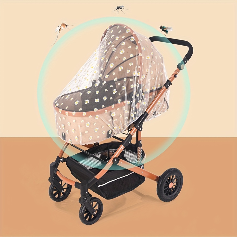 Floral Print Mosquito Net Canopy for Stroller - Large, Durable Polyester Bug-Proof Cover with Black and White Daisy Design, Hand Wash Only, Stroller Covering|Floral Pattern Canopy|Durable Stroller Cover, Stroller Covering