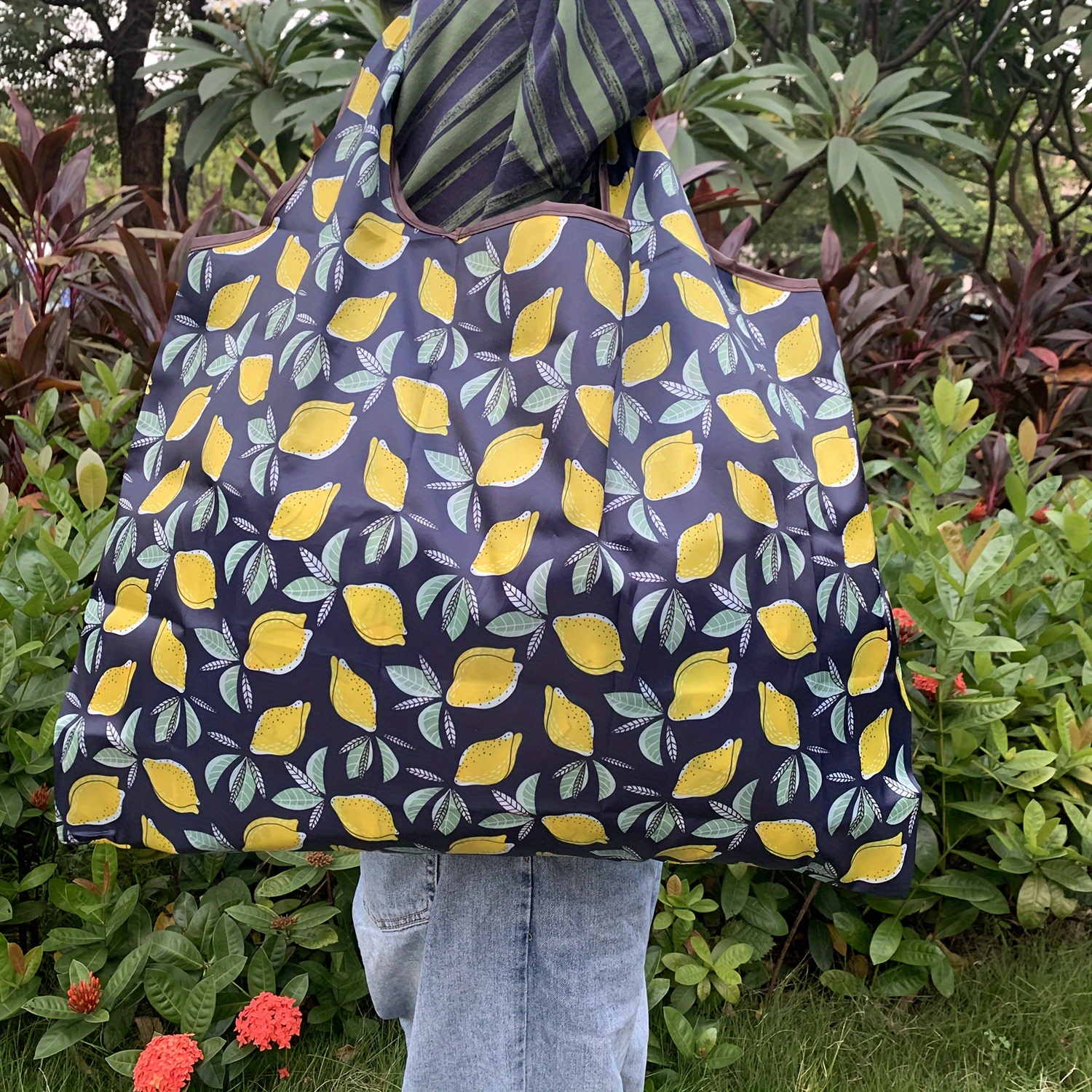 Large Lemon & Leaf Pattern Foldable Shopping Bag - Nylon, Reusable Grocery Tote With Wrist Strap, High-quality, Spacious For Travel & Picnic, 22x16x10in , Grocery Tote Bag