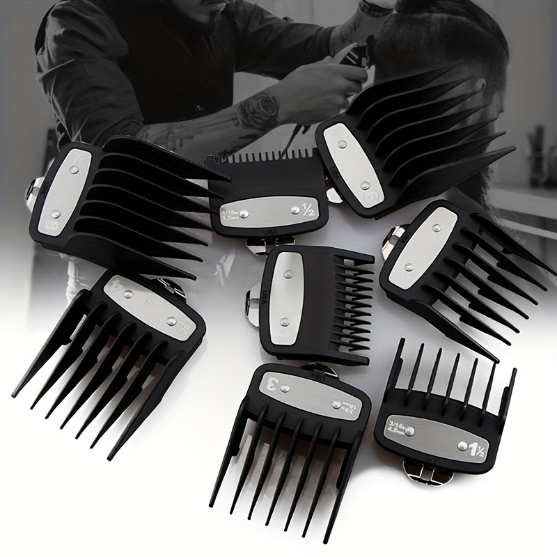 

8-pack Universal Hair Clipper Limiting Comb Set, Plastic, Male Hairdressing Tool, Adjustable Positioning Teeth, Iron Clasp Attachment For 8148 8504 8591, Men's Hair Styling Accessories