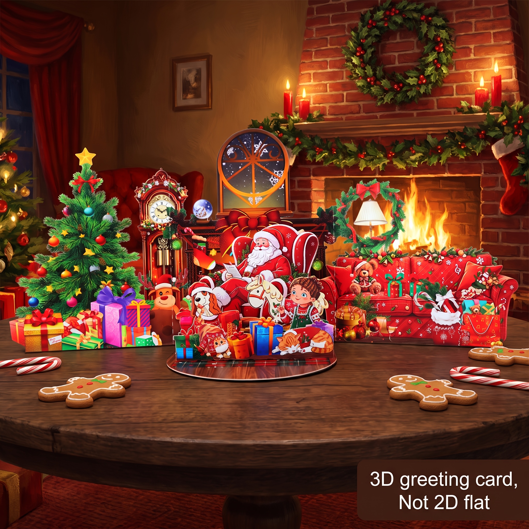 TEMU 3d Embossed Warm Indoor Santa Claus Living Room Pop-up Greeting Card (with Envelope) Cozy Christmas Home Scene, Featuring Santa Claus, Christmas