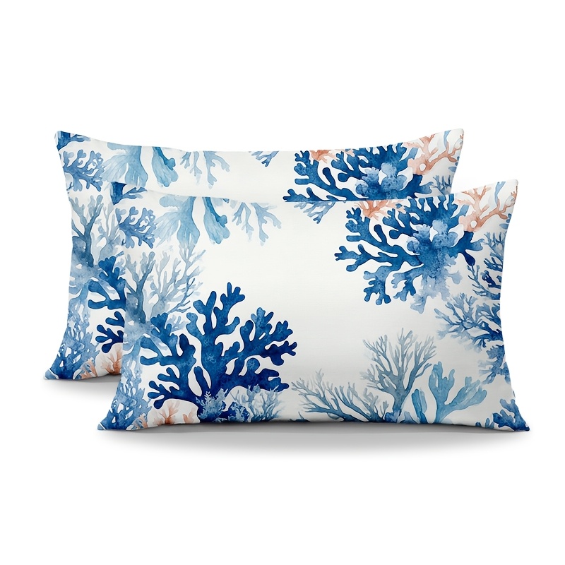 TEMU 2pcs Housses de Coussin Lomboaires en Peluche Courte Bleu et Blanc Turquoise, 12x20 Pouces, Imprimé d'un pour Intérieur, Extérieur, Ferme,