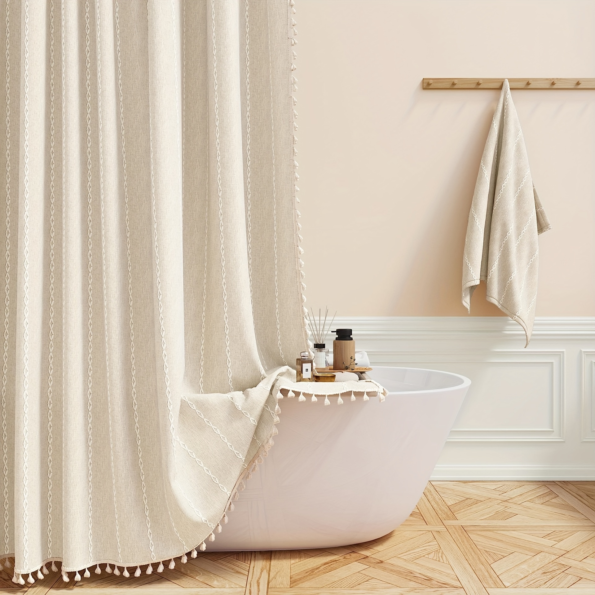 1pc Polyester Striped Shower Curtain, 72" X 72", Bohemian Style Vertical Stripe Texture With White Hooks Included