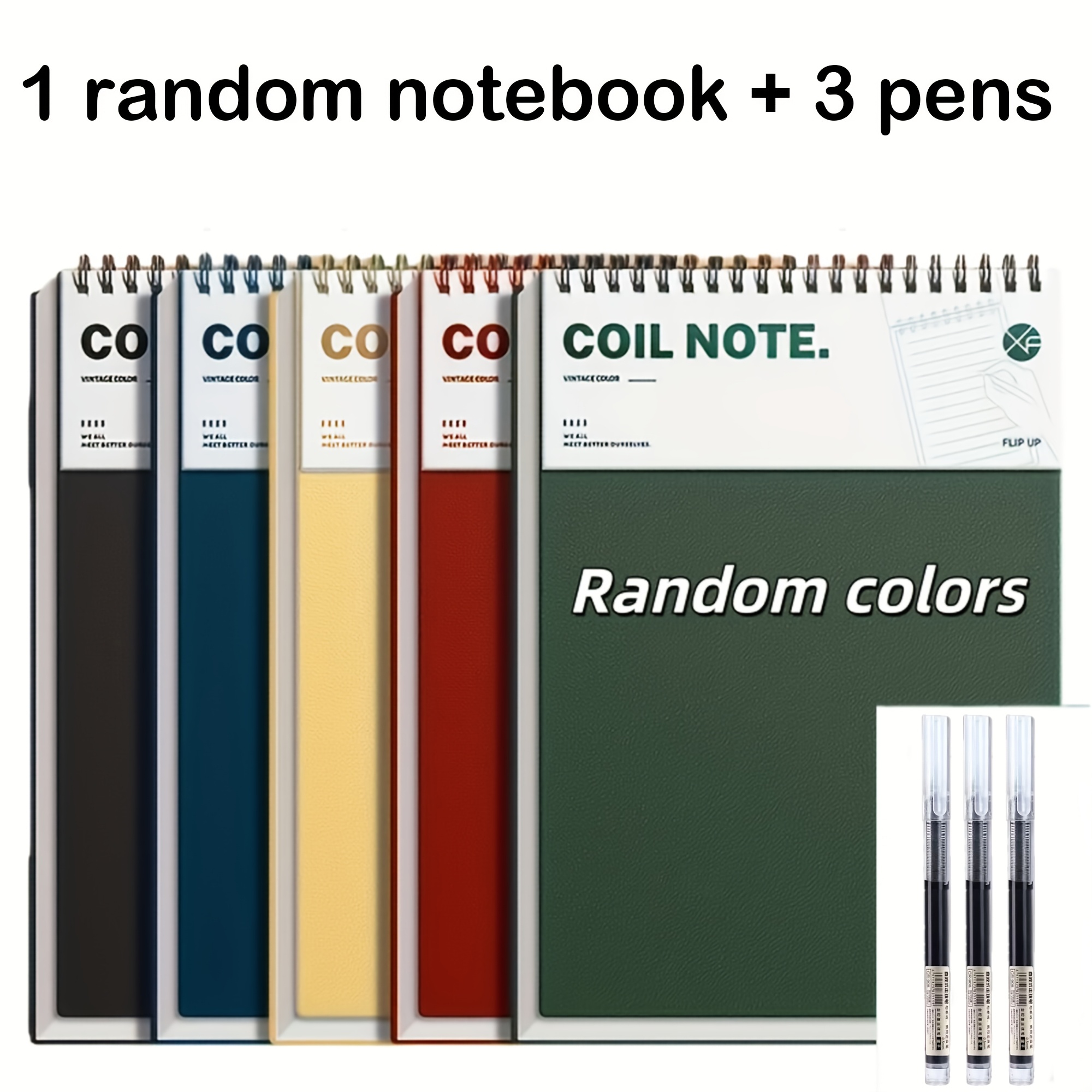 TEMU Random 4pcs Set (1 Random Spiral Notebook + 3 Pens), Assorted Random Colors, Vintage A5 Notebook - Single-sided Pages, 80g Thick Paper, Hard