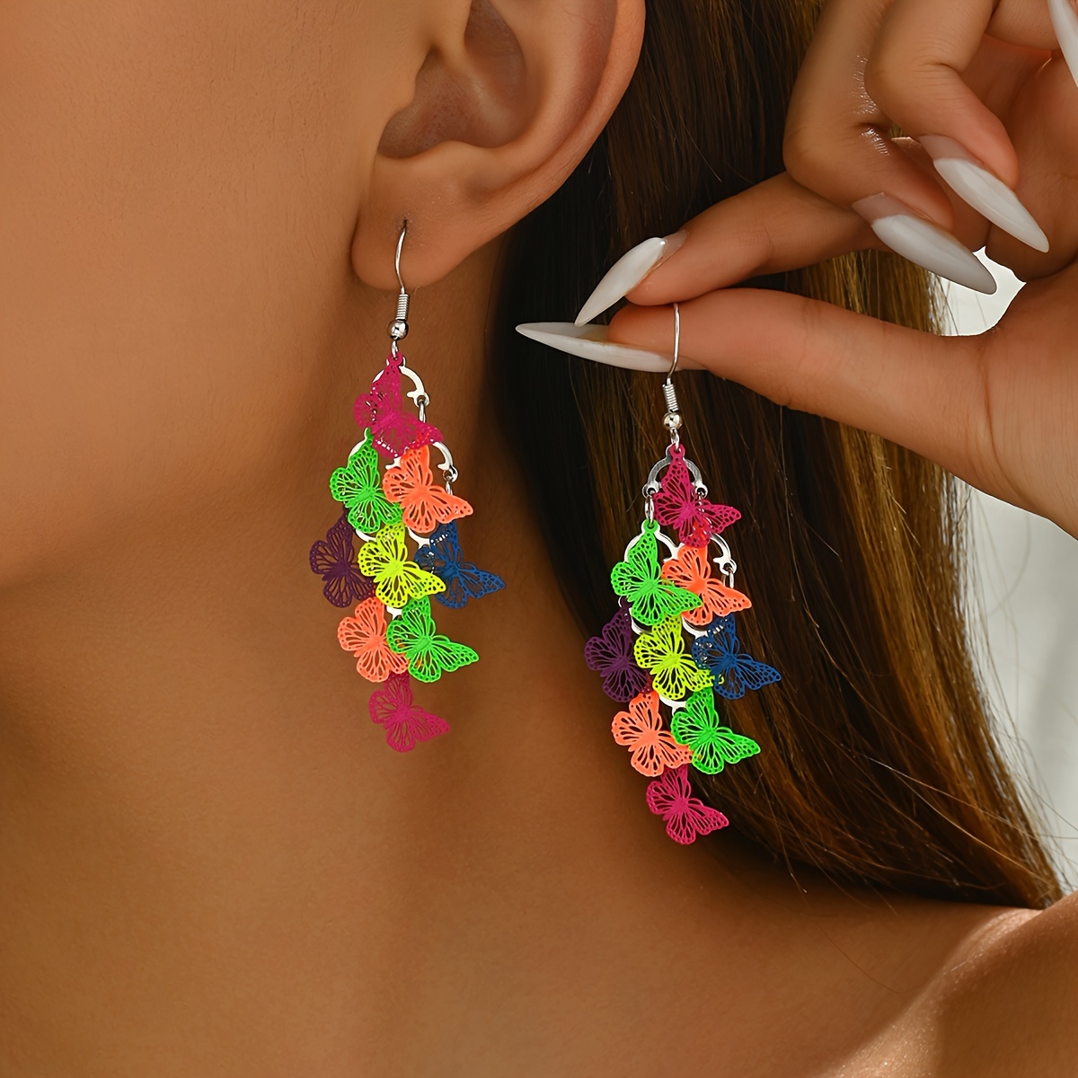 

1 Pair Of Butterfly Colorful Random Ladies Dangling Earrings, Creative Special Interesting Collision Color Casual Travel Style Ear Jewelry Decors