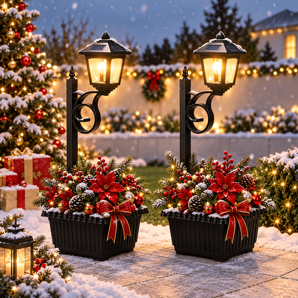 TEMU [new Style] 1/2pcs Solar Christmas Flowerpot Lamp, 2-in-1 Retro Outdoor Floor Lamp, Ip54, Suitable For Wall-mounted Freestanding Solar Lamps, ,