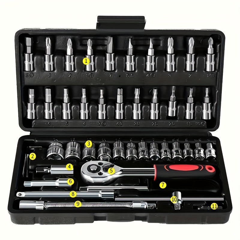 

46pcs 1/4" Set Positioning Sockets, & Long Handles - Steel, - Includes Storage For And Use