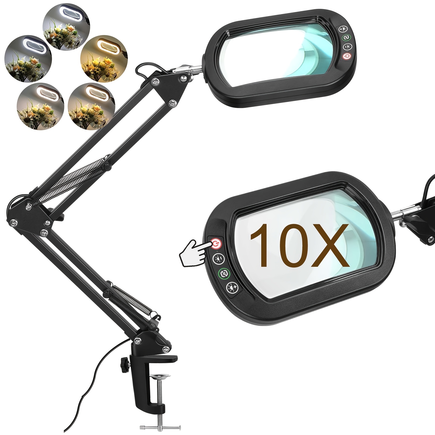 10x Rectangle Magnifying With Light And Clamp, 5 Colour Dimmable, Led Lighted Magnifyier Desk Lamp With Clamp, Reading Magnifier For Craft, Repair