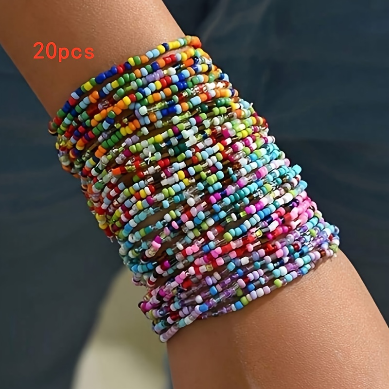 20pc Boho Gradient Beaded Stretch Bracelets Set, Mixed Elastic
