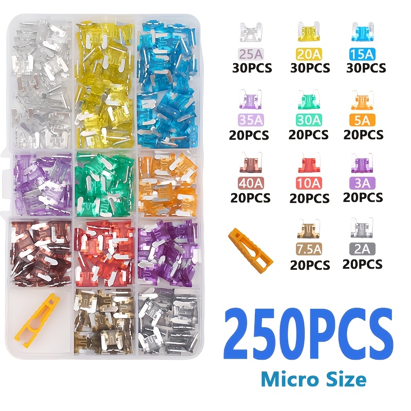 TEMU 250pcs Micro Mini Fuses + Fuse Puller, Mini Blade Standard Type, For Small Vehicles, Protection, Multi-amp Combination 2a-40a - -one Automotive