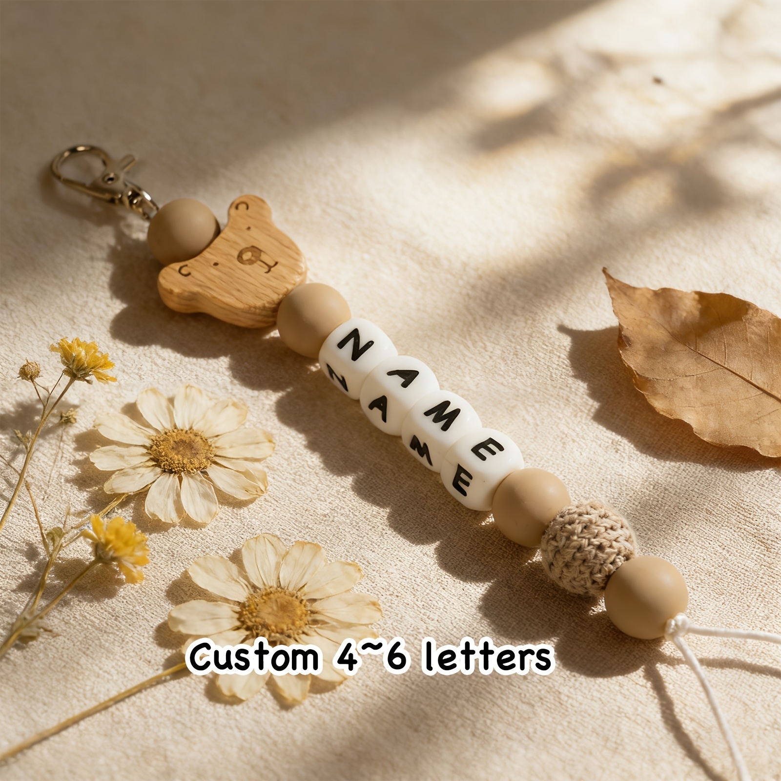 TEMU 1pc Cute Bear Beaded Keychain, Custom Text Letter Pendant, Silicone & Wooden Boho Bag Charm, Neutral Accessory, Gift For