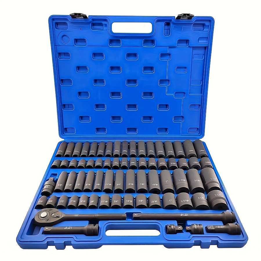 

70pcs 1/2 Socket Set 1/2in Drive Impact Socket Set Cr- British And Metric /deep Sockets, With 72-tooth Ratchet Handle Rod And Adapter