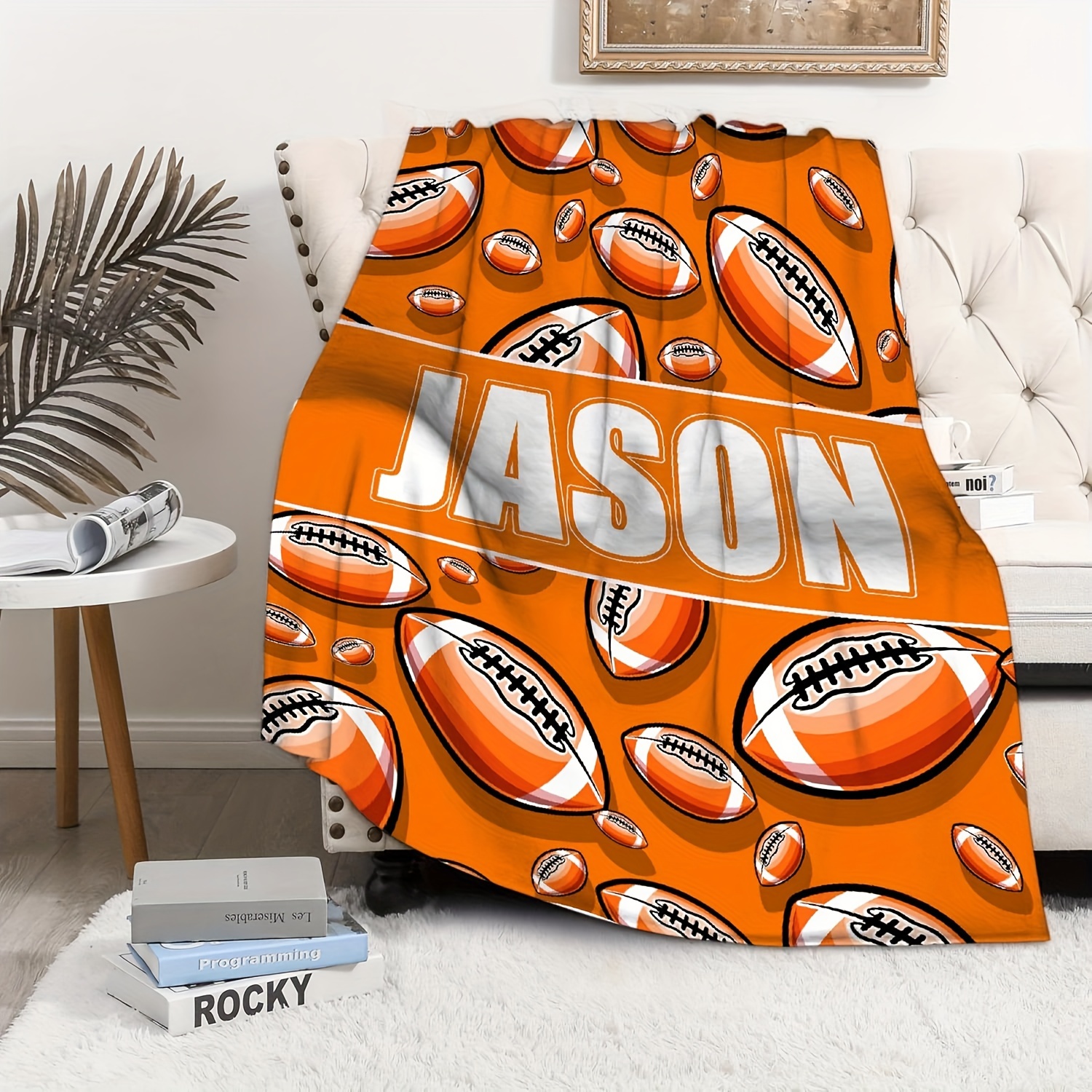 TEMU Custom Text Football Print Flannel Throw Blanket - Personalized, Soft & Warm For Couch, Bed, Travel, Camping, Living Room, Office - Machine Washable, All-season Comfort