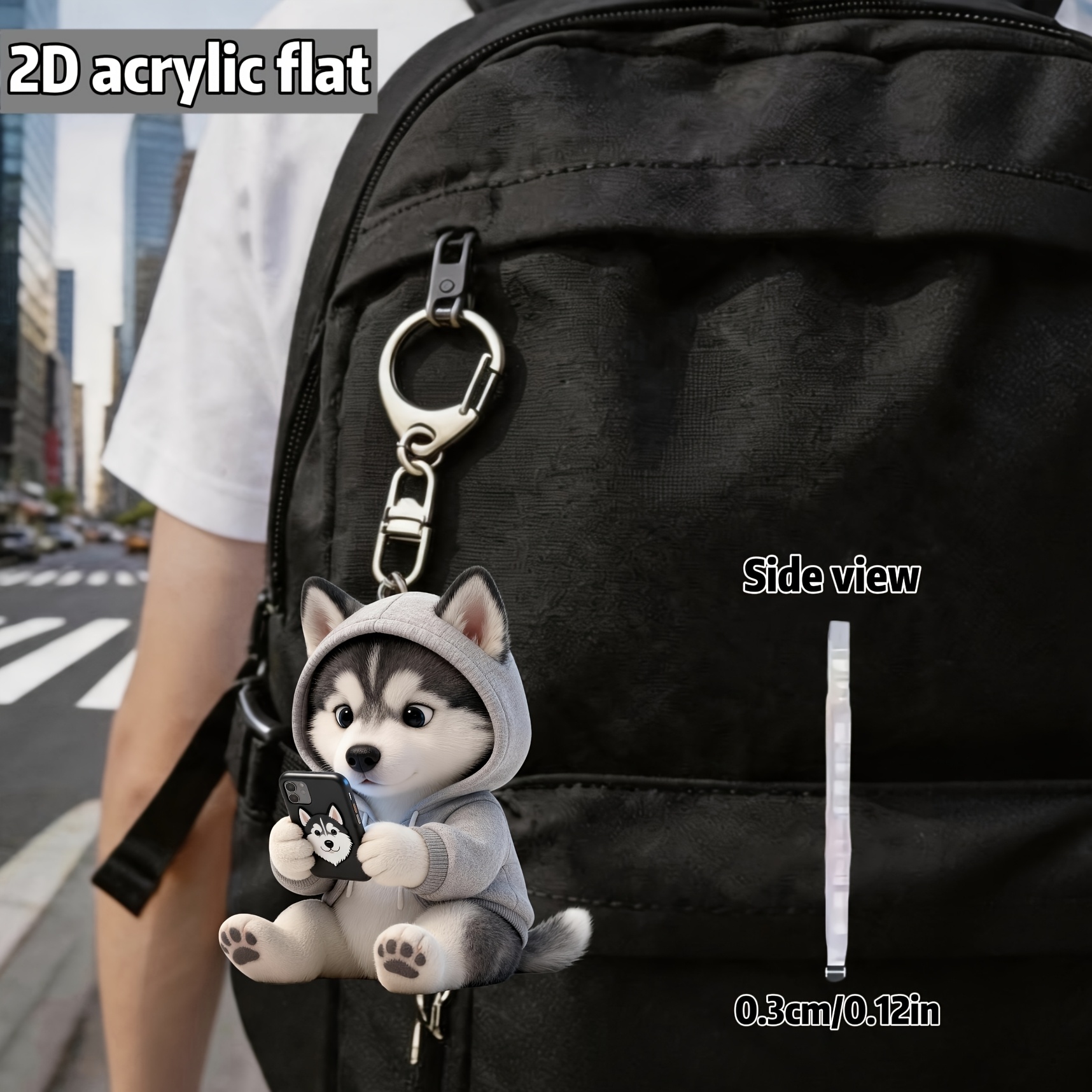 TEMU 2d Flat, 1pc Cute Husky Playing Phone Pattern Keychain, Interesting Keychain Decoration, 2d Flat Acrylic Design Multi-functional Keychain