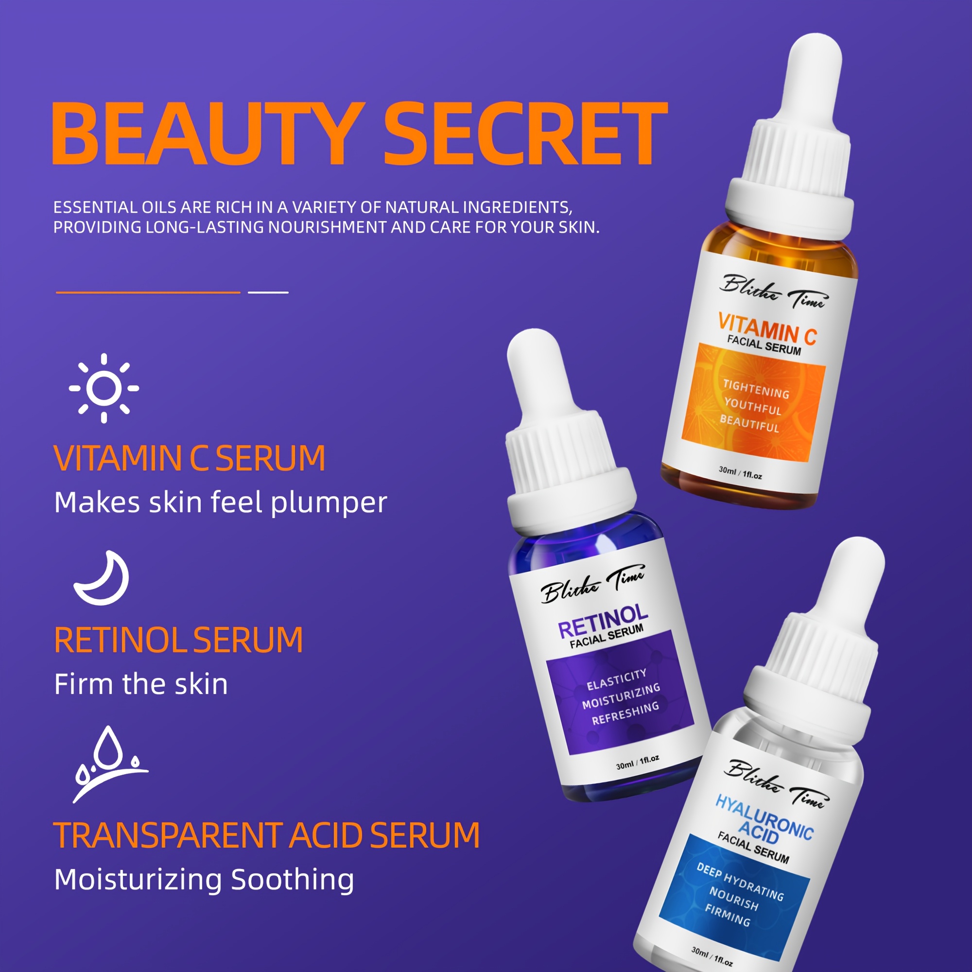 30ml * 3 komada/set Esencija za lice u tri bočice, Intenzivna hidratacija, Set za praznični poklon, Svijetlo bež set za njegu, Esencija za hidrataciju lica, Sadrži hijaluronsku kiselinu, vitamin C, retinol Sefralls