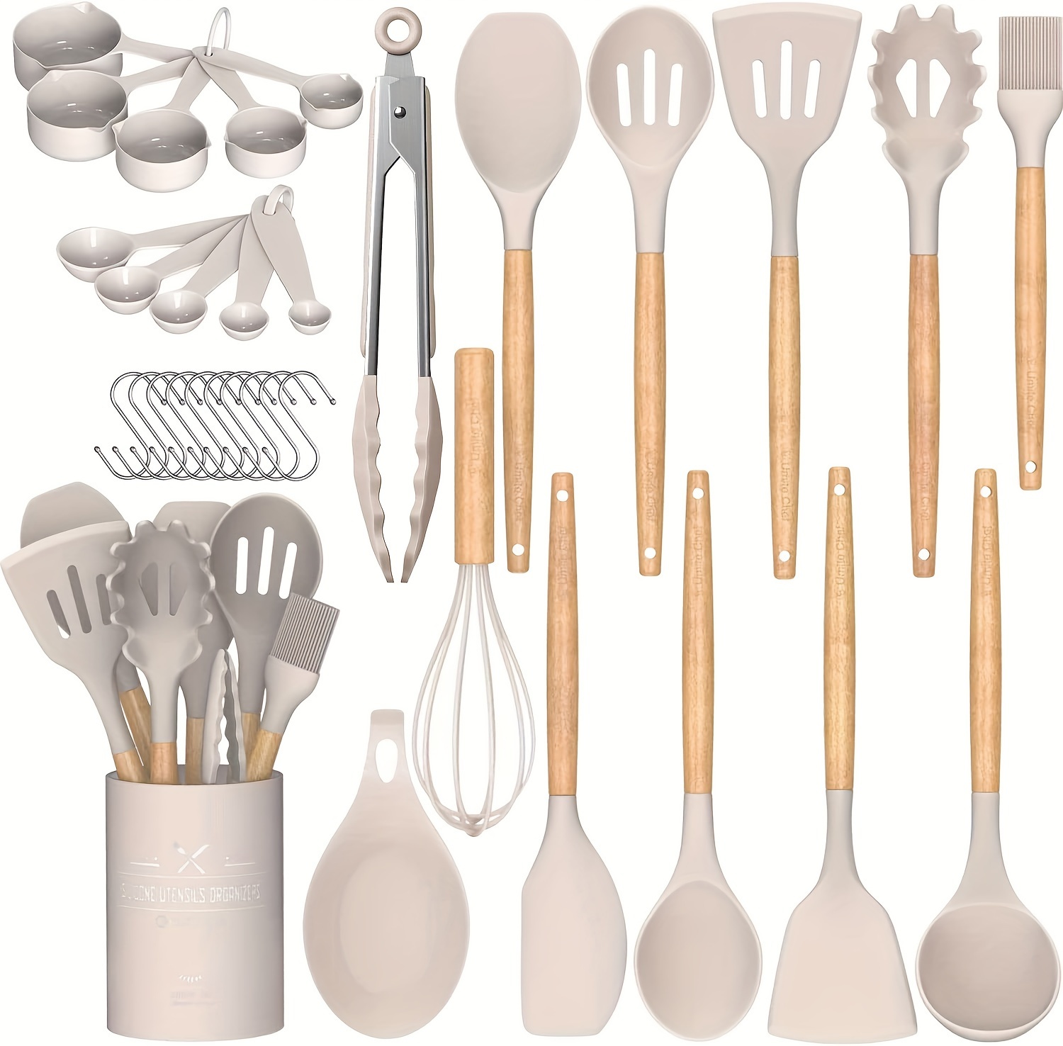 34 piece silicone kitchen utensil set with wooden handles heat resistant non stick cookware essentials by     spatulas spoons and measuring cups ideal for easter thanksgiving st patricks celebrations dishwasher safe with convenient storage holder details 0