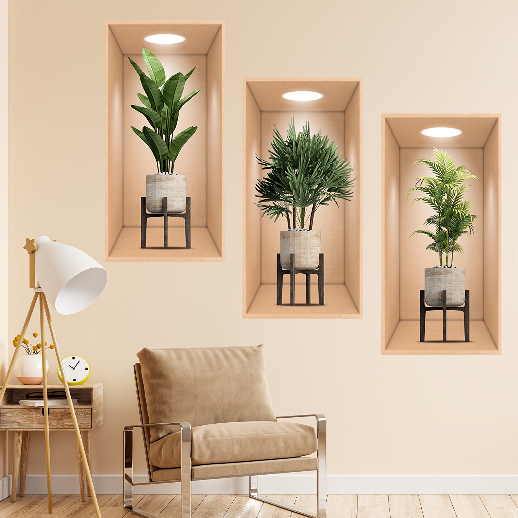 

3pcs Art Plant Potted Stickers, Pvc Self-adhesive Rectangle Wall Decals For Living Room, Bedroom, Porch, Bathroom, Office, Room Decor, Home Decor & Bathroom Accessories, Single Use