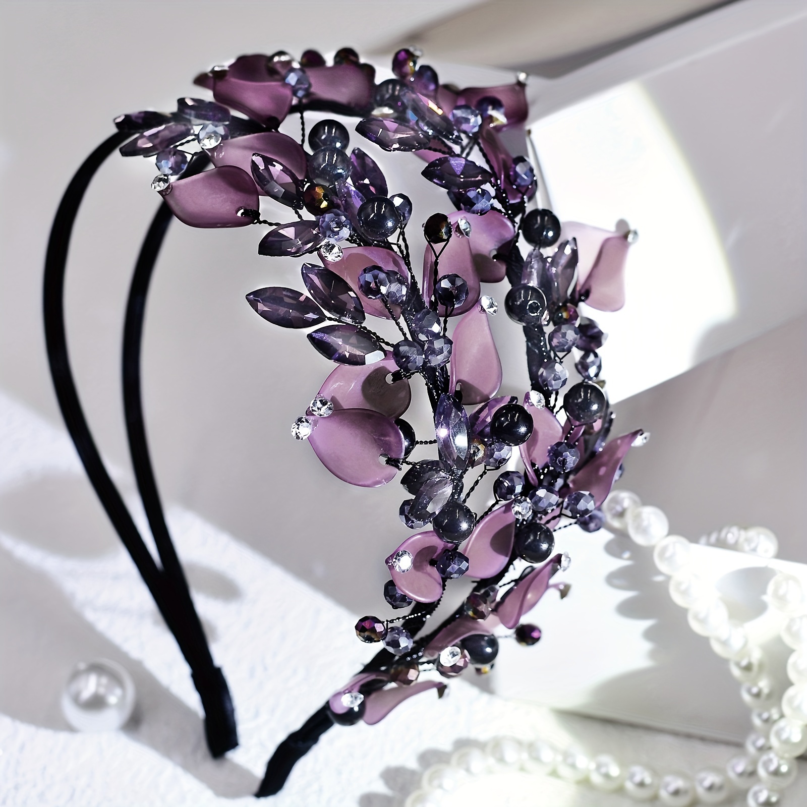 Image of A Purple Polymer Clay Leaf Rhinestone Headband Women'-layer Hair Additions Fashion Versatile Headwear Photography Photo Additions A143