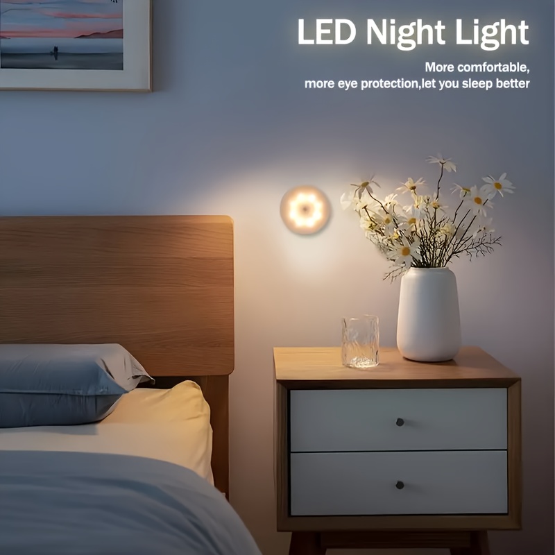 5pcs Smart Motion Sensor LED Night Light, Magnetic Bedside Lamp, Round Staircase Wall Lamp, Charging Desk Lamp for Students' Dormitory Bookshelf, Suitable For Stairs Bedroom Dormitory And Wardrobe, Perfect Creative Gift, Halloween Christmas Holiday