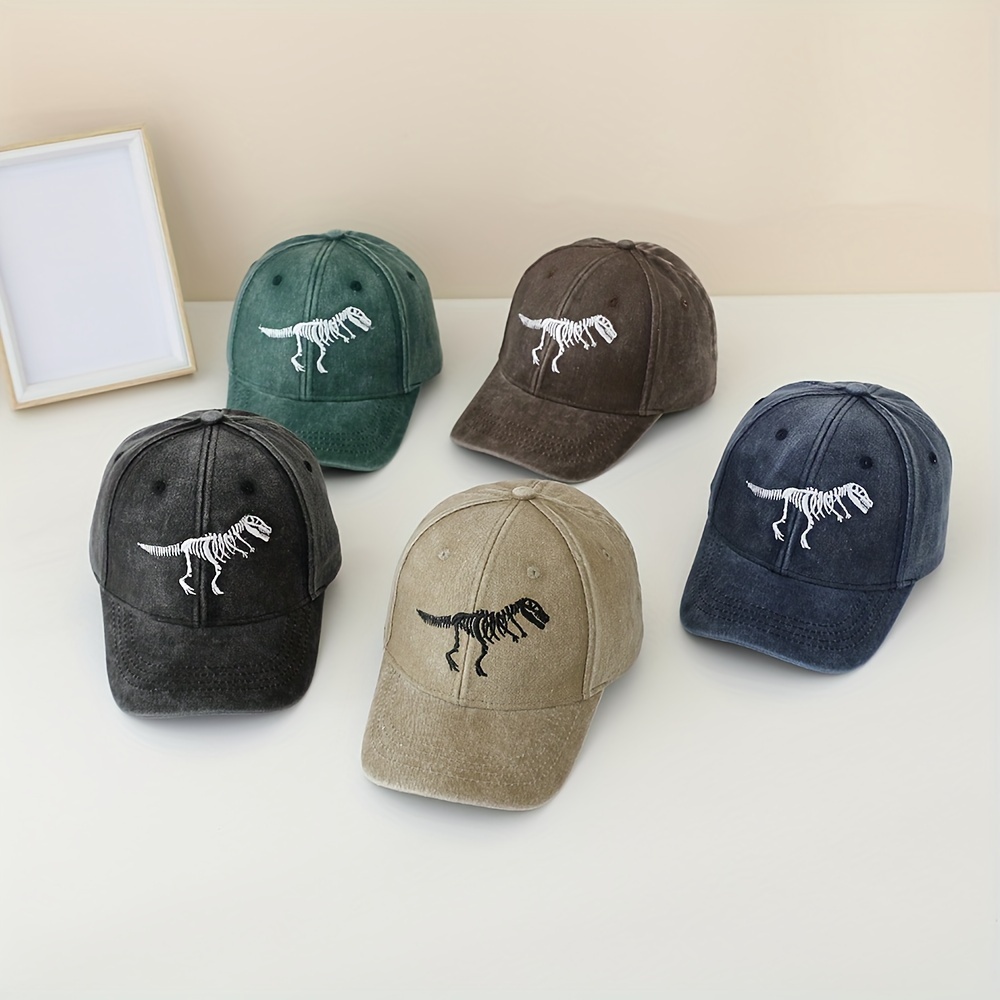 

1pc Dinosaur Skeleton Embroidery Washed Baseball Cap, Retro Distressed Cotton All Seasons Kids Hat, Adjustable Uv Protection Baseball Cap, For Ages 4-10, For Outdoor Travel, Beach Party