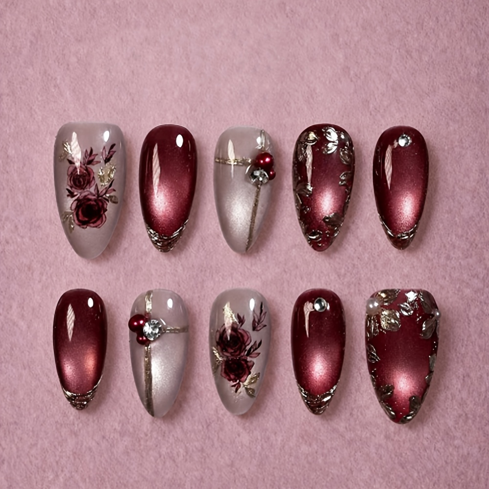 TEMU Lot de 10 faux ongles à pression à effet œil de bordeaux pour femme, à couverture complète avec strass et pointes de feuille dorée, faux ongles