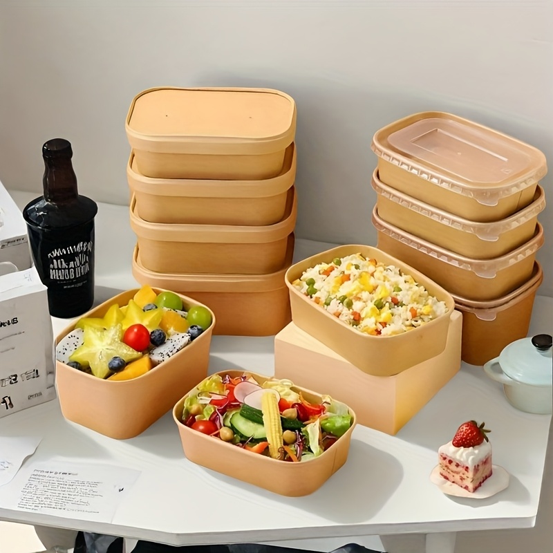 a pack of 50 disposable square paper bowls in   color   in     for multiple uses suitable for fruits salads and ideal for restaurants parties and outdoor picnics   with a pp material lid