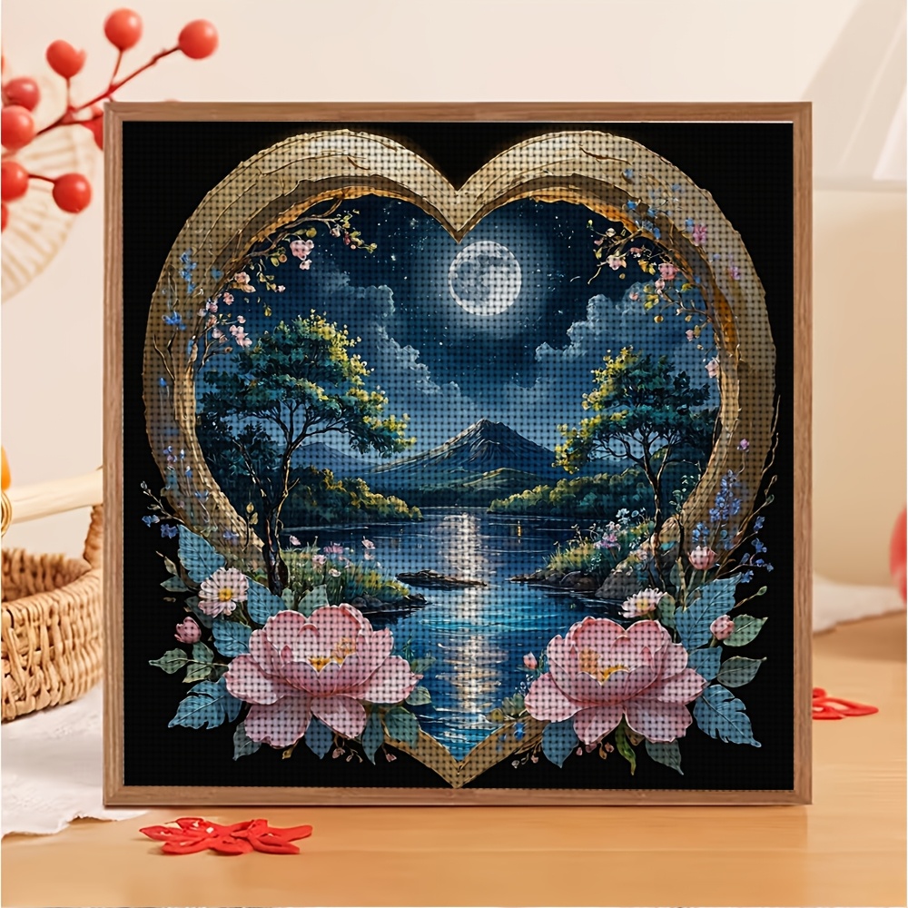 DIY Cross-Stitch Printed Kit, Frameless, Heart-Shaped Frame Moonlit Night