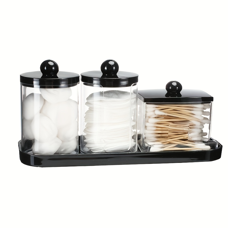 Image of 10oz Qtip Holder With Vanity Tray, 3 Pack Storage Box Swab/ball/pad Dispenser Apothecary Jar, Clear Bathroom Containers Dispenser