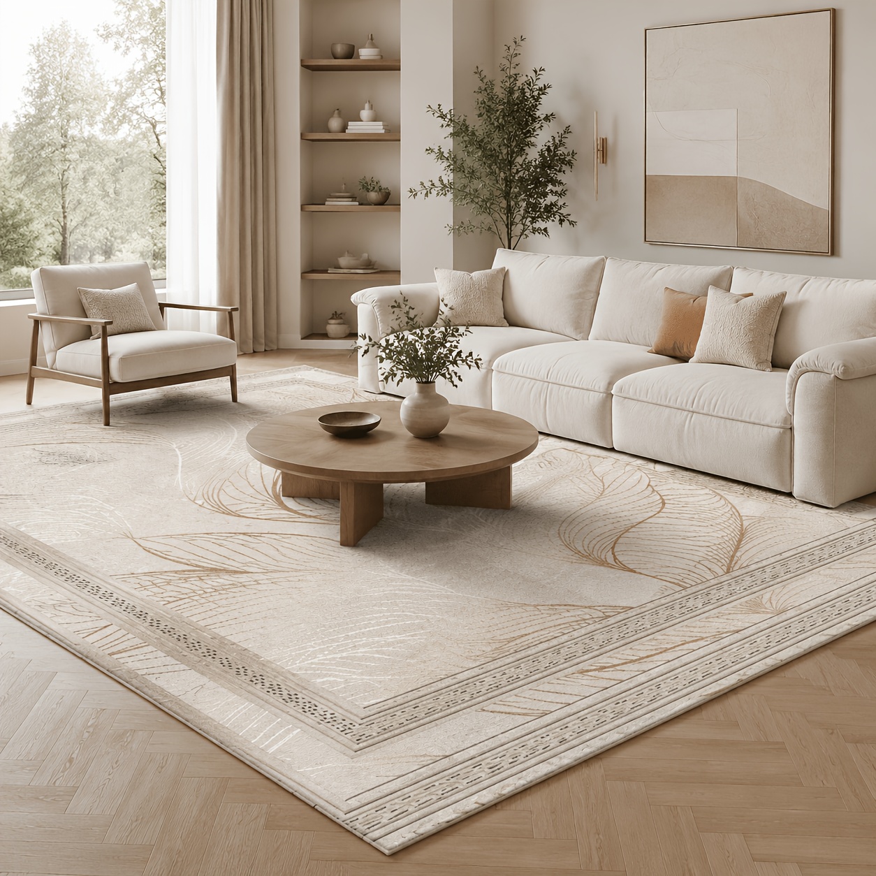 TEMU Velvet 850g Light Beige With Leaf Pattern Light Luxury Minimalist Rug. Features A Lightweight, Fabric With A , Noise-reducing And Quiet, And Is