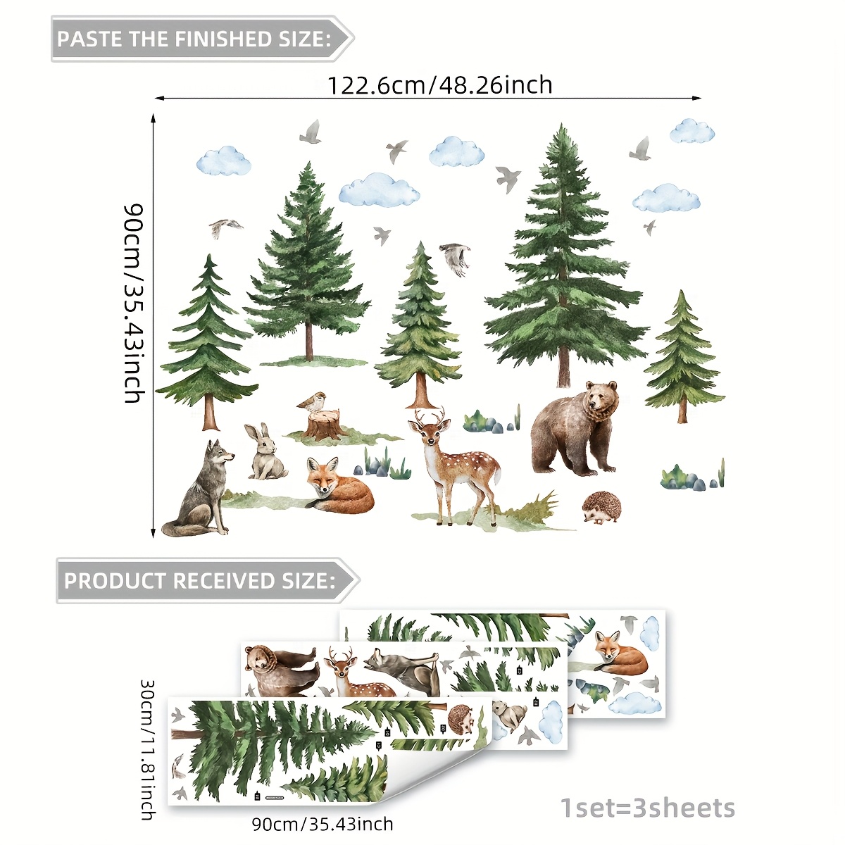 E-shop Ein Set aus 3 Blättern (30*90Cm*3Stk) Gänse Bär Hirsch Hase Tier Selbstklebende Wandaufkleber Schlafzimmer Wohnzimmer Hintergrund Wandaufkleber