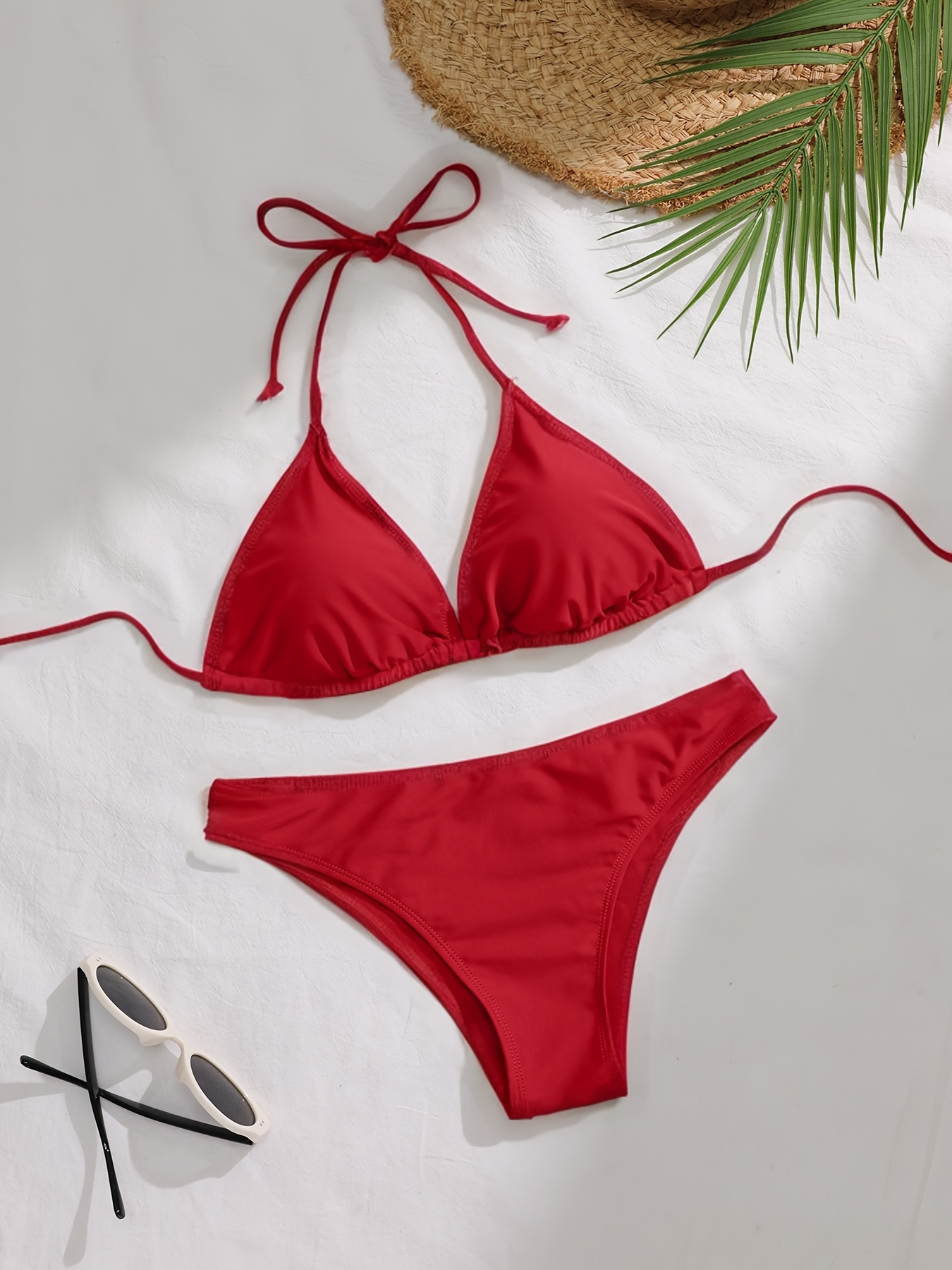 Classic Red Bikini Set with Lace-Up Detail - High Stretch Fabric, Solid Color Swimwear for Women, Sexy & Stylish Beach or Poolside Attire