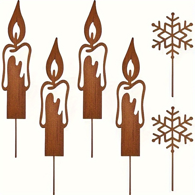 

6-pack Metal Rustic Brown Christmas Candle & Yard Stakes, Holiday Garden Decorations, No-electricity Metal Candle Lawn Ornaments, Stake Mounted Winter Display