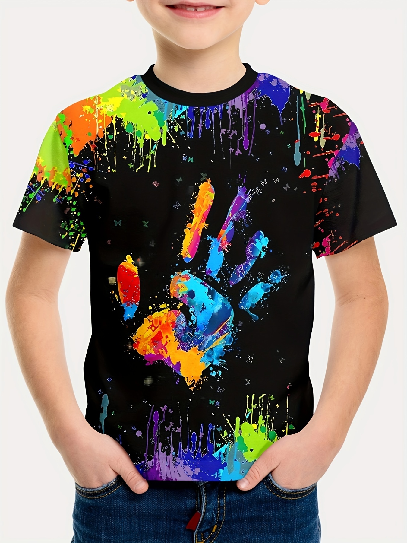 EXTREME カラフル手形 Tシャツ Lサイズ カラフルな手形3dプリント 男の子用 ティブtシャツ カジュアルで軽量な