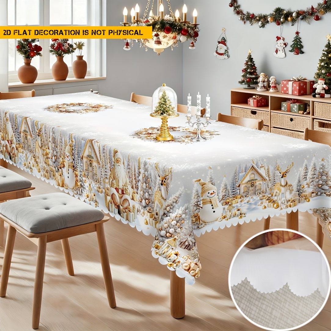 TEMU 1 nappe de Noël couleur blanc platine - Père Noël/Mannequin/ Chalet d'hiver, bordure à volants, rectangulaire/rond, 100% polyester, lavable en