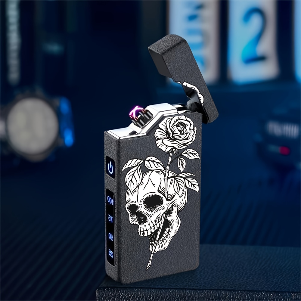 TEMU 1pc Windproof , Rose And Printed Pattern, Windproof Lighter, Windproof , Type-c Charging Lighter, Metal Shell, Power Display, Dual Arc, Gift Box