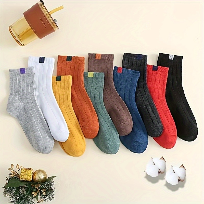 

10pcs Mid-calf Breathable Polyester Socks For Women And Men - Comfortable, Solid Color, Style With Elasticized Tops For | Ideal For Casual Attire, Cute Socks