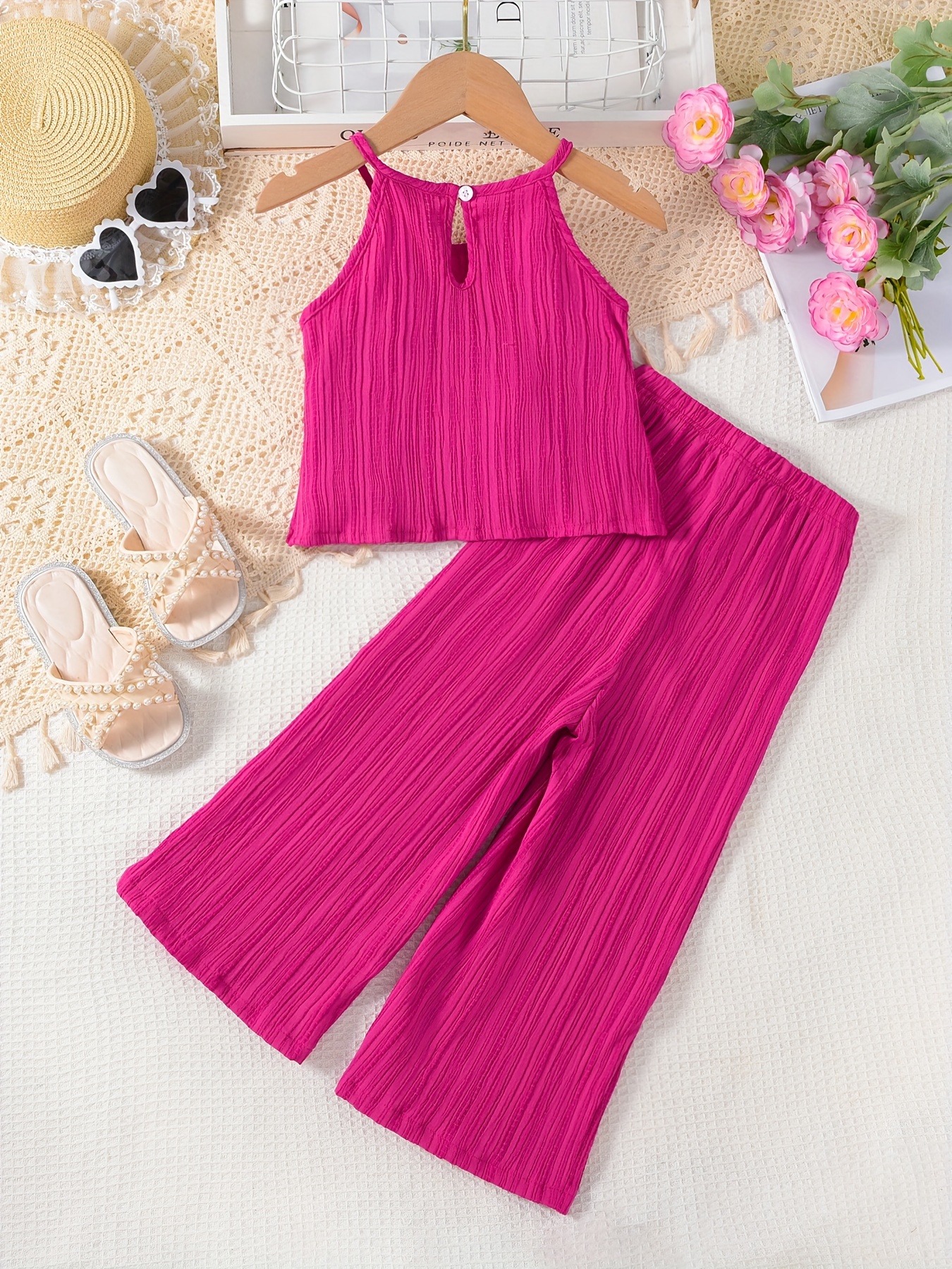 2-Piece Girl's Sleeveless Sling Top + Straight Pants Trendy Set Holiday Summer Outdoor Outfits Clothes