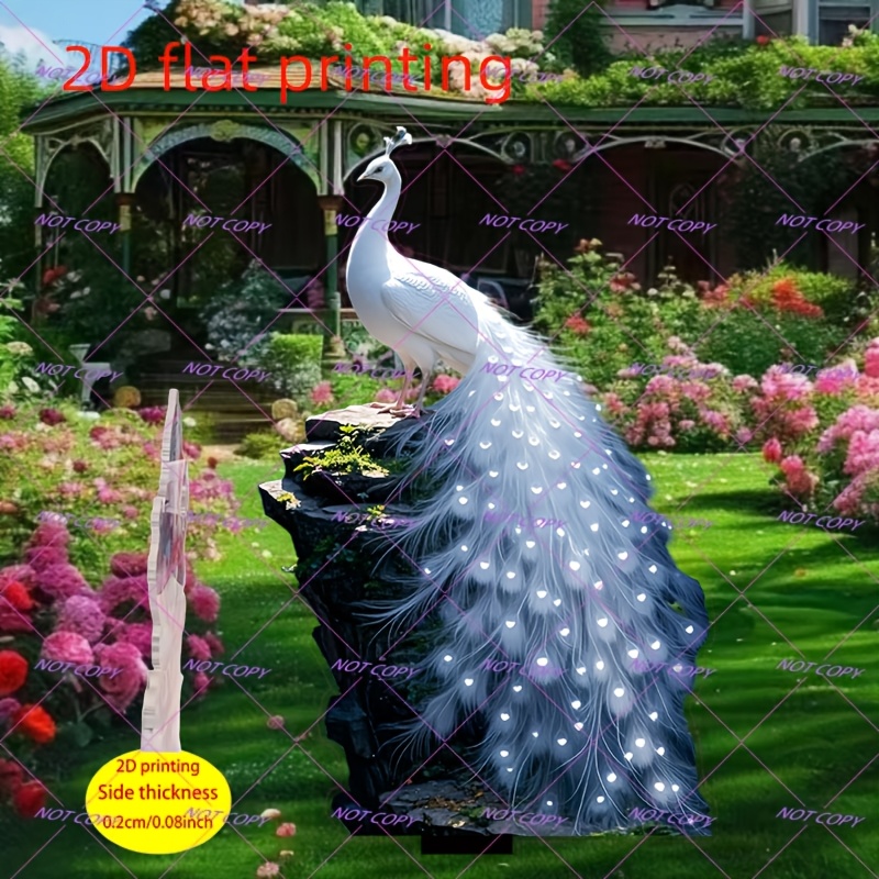 E-shop 2D Flachdruck Böhmischer Weißer Pfau Gartenstecker, geeignet für Hof, Rasen, Garten, Blumenbeet Dekoration Kunst, ideales Geschenk für Freunde