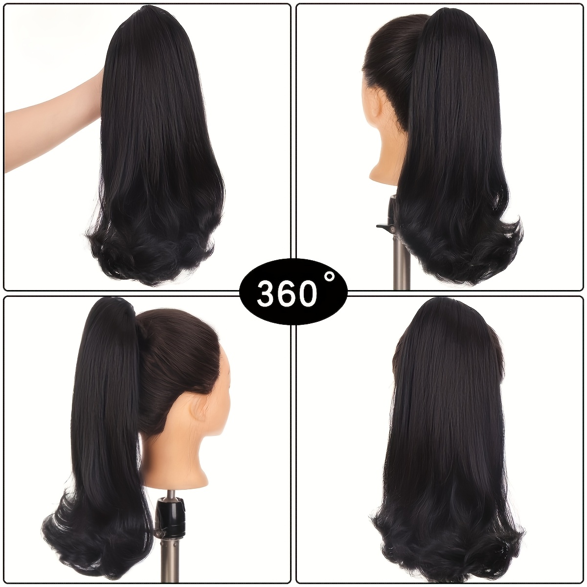 16   straight synthetic ponytail hair extensions with 2 plastic comb & drawstring - natural black loose curly style, easy to style, adds volume & length,   women s hair, versatile hairpiece,   hairpiece details 3