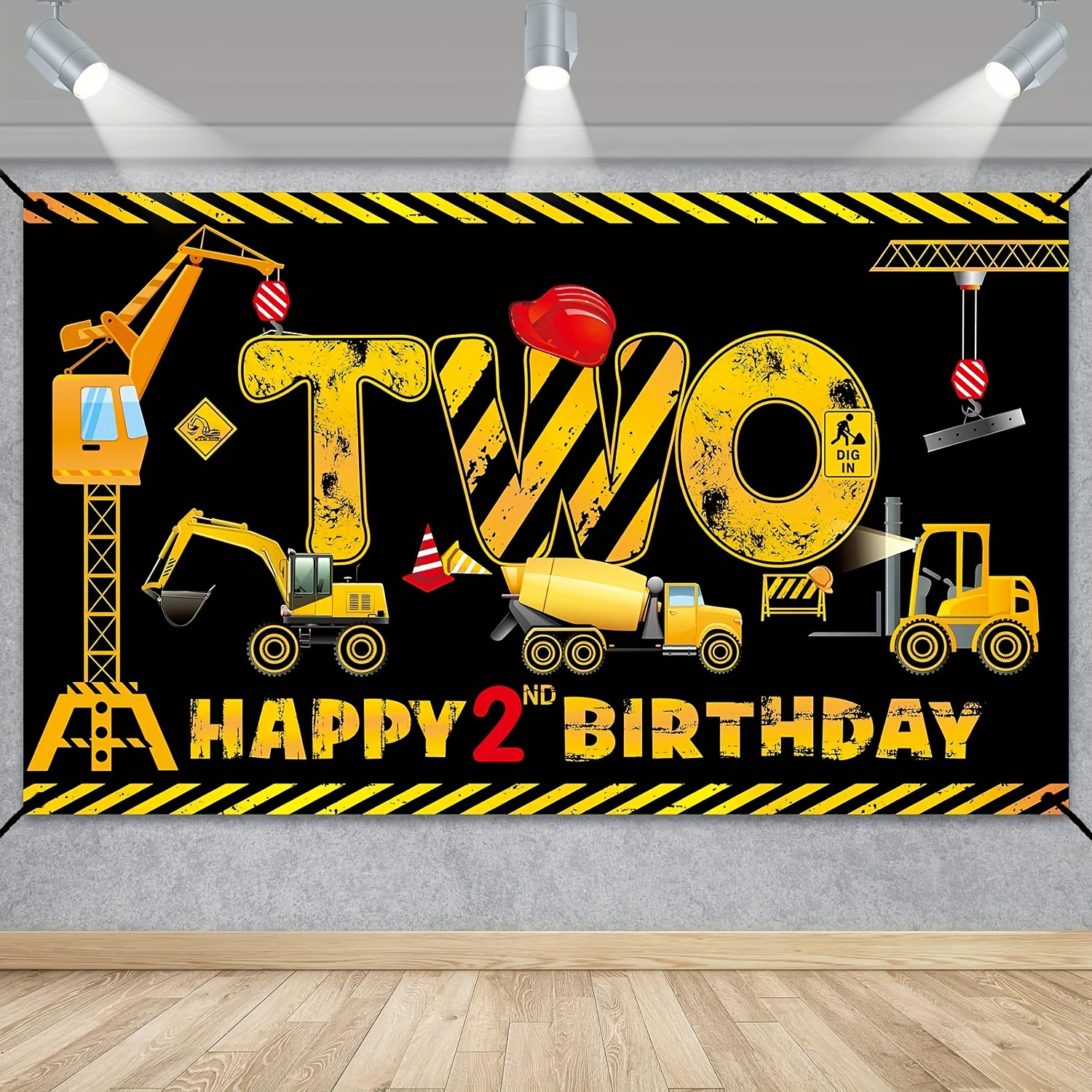 

2nd Birthday Banner - Dump Truck, Excavator & Crane Theme For Boys - Versatile Vinyl Backdrop With Poster Signs