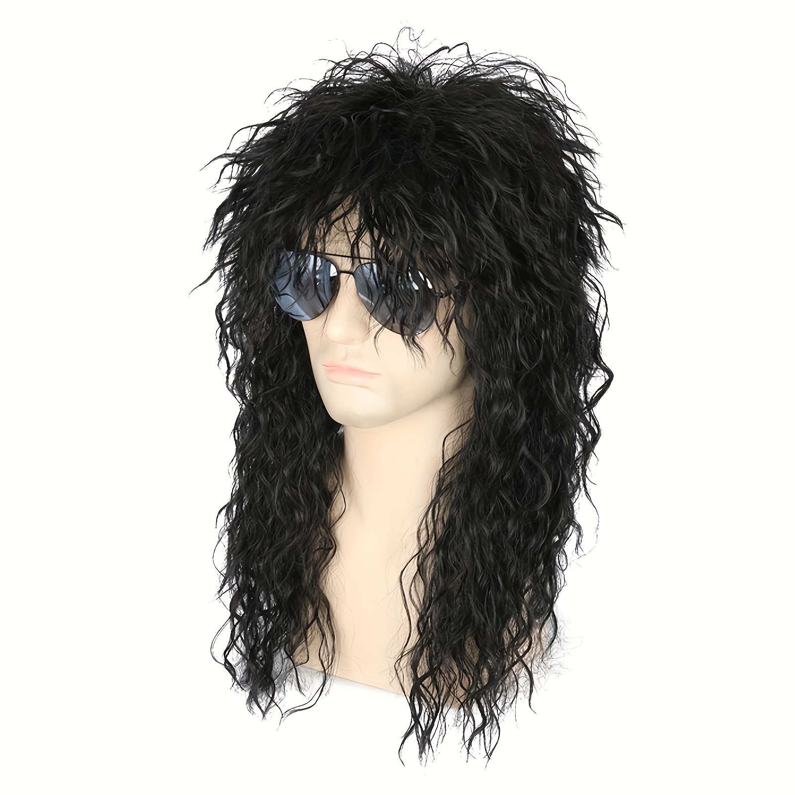 Long Curly Black Rocker Costume Wig For Man 70s 80s Mullet Curly Wig Mens's Punk Heavy Metal Rocker Wig Synthetic Heat Wigs For Halloween Costumes Party Cosplay