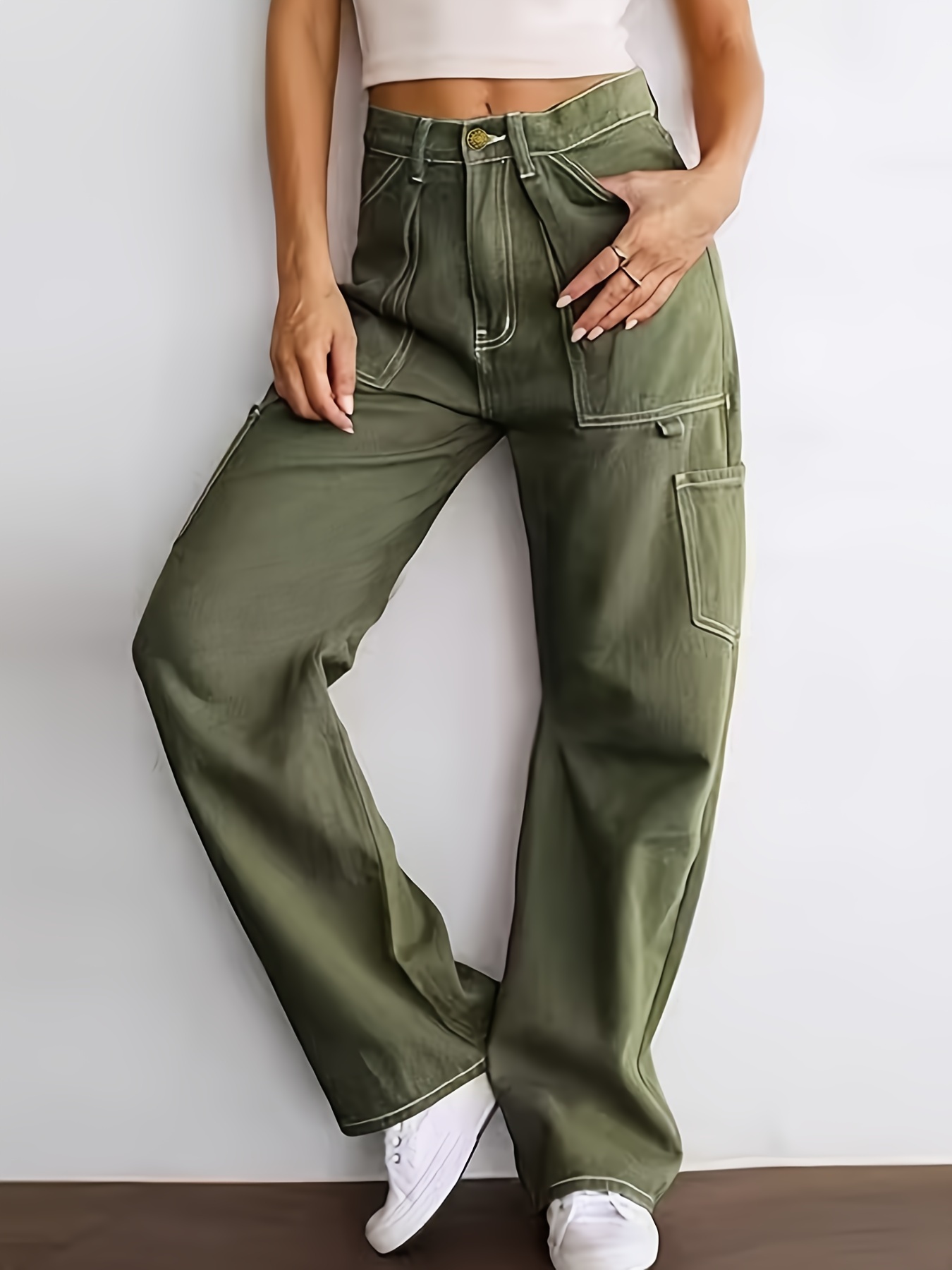 High-waisted Multi-pocket Casual Straight-leg Cargo Jeans, Plain Loose Fit  Y2K Kpop Style Denim Pants, Women's Denim Jeans & Clothing